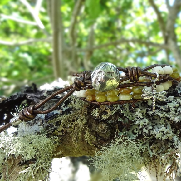 Double Wrap Leather Bracelet w/sterling Silver Dragonfly Charm. Green Serpentine - Picture 8 of 8